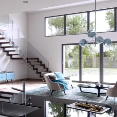 Nowoczesny salon z widokiem na ogród. Okna bez firanek inspiracje: minimalistyczne meble, szklane balustrady, drewniane schody.