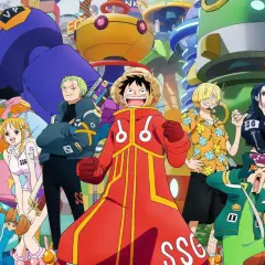 Die Strohhutpiraten in bunten Outfits vor futuristischer Kulisse. Wer fragt sich, wie viele Folgen One Piece hat, wird hier fündig!