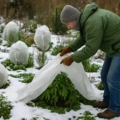 Un jardinier protège des plantes avec du **non tissé** sous la neige.