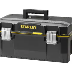 Boîte à outils noire de la marque Stanley, avec poignée et fermoirs argentés. Prête à organiser vos outils.