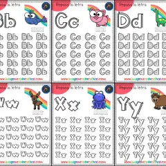 Hojas de caligrafía para niños de 6 años con letras A-Z y dibujos para repasar.