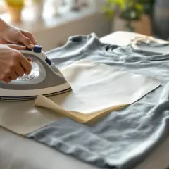 Utiliser un fer à repasser pour enlever un flocage sur un vêtement. Une feuille de papier protège le tissu.
