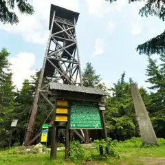 Drewniana wieża widokowa na Radziejowej. Obok tablica informacyjna i obelisk. To początek najkrótszego szlaku na Radziejową.