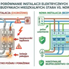 Porównanie starej i nowej instalacji elektrycznej. Stara instalacja z przewodami aluminiowymi i brakiem uziemienia grozi pożarem. Nowa instalacja z miedzianymi przewodami i pełnym uziemieniem zapewnia bezpieczeństwo.