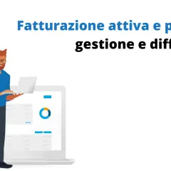 Uomo con laptop analizza grafici su schermo, illustrando la gestione della fatturazione attiva e passiva.