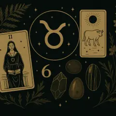 Tarotowe karty, symbol byka i kamienie tworzą mistyczną kompozycję. Może to sen o byku, symbolizujący siłę i stabilność.