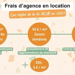 Frais d'agence immo location : 12€/m² zones très tendues (Paris), 10€/m² zones tendues, 8€/m² autres zones. EDL : 3€/m².