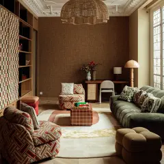 Salon cosy avec canapé vert, fauteuil à motifs, table basse cubique et étagères. L'ambiance invite à **acheter avant de vendre** ce style unique.