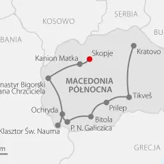 Mapa turystyczna Macedonii Północnej z zaznaczonymi atrakcjami: Skopje, Ochryda, Kanion Matka. Trasa obejmuje też inne miejsca w tym kraju.