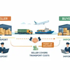 Schema für cpt incoterm: Verkäufer deckt Transportkosten bis zum Bestimmungsort. Export und Import mit LKW, Schiff, Flugzeug.