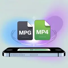 MPG vs MP4 file icons hover over a smartphone, suggesting conversion or transfer.