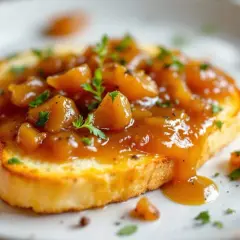 Tranche de pain grillé garnie d'une compotée dorée, parfaite pour une recette oignons caramélisés. Saupoudrée de persil frais.