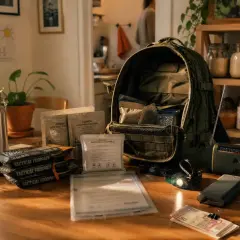 Mochila con comida, botella, linterna, radio y dinero. Preparativos para aplicar técnicas de supervivencia.