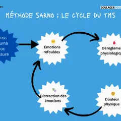 Schéma du cycle TMS : Stress, émotions refoulées, dérèglement physiologique, douleur physique, distraction des émotions. Une approche pour une meilleure hygiène de vie.