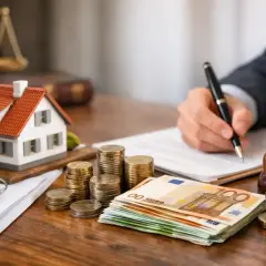 Maison, clés, argent et balance de justice. Qui paie les frais de notaire pour cette transaction immobilière ?