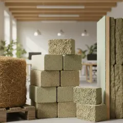 Kostka słomy, cegły i przekrój ściany z materiałem izolacyjnym. Naturalne **włókno** w budownictwie.