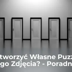 Rząd białych drzwi z czarnymi ramami na szarym tle, z tekstem "Jak Stworzyć Własne Puzzle ze Swojego Zdjęcia? - Poradnik DIY".