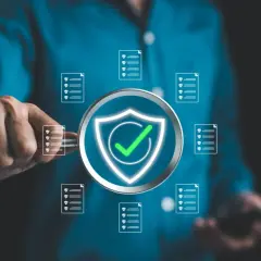 Un uomo esamina documenti con una lente d'ingrandimento, evidenziando un simbolo di scudo con un segno di spunta verde, a simboleggiare la sicurezza e l'efficienza nella sanità pubblica.