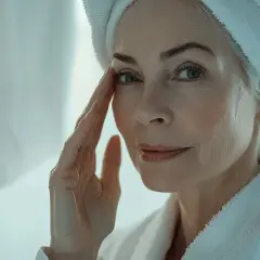Donna con asciugamano in testa e accappatoio, si tocca il viso. Scopri come struccarsi senza struccante per una pelle radiosa.