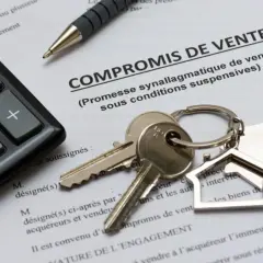 Clés d'une maison sur un document "COMPROMIS DE VENTE", avec une calculatrice et un stylo.