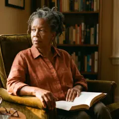 Donna anziana seduta in poltrona con libro, pensierosa, come se aspettasse notizie dai figli che non si fanno mai sentire.