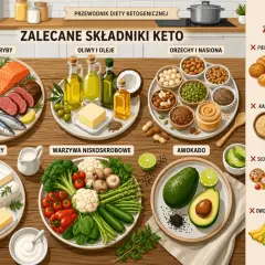 Przewodnik keto diety: mięso, ryby, nabiał, warzywa, awokado, oliwy, orzechy. Unikaj pieczywa, makaronu, kasz, ziemniaków, słodyczy i słodkich napojów.