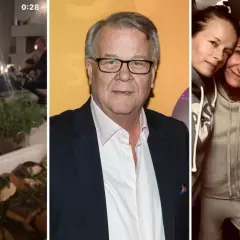 En bild med tre delar: en mysig hemmakväll, en man i kostym och tre leende kvinnor. Kanske en bild på maria berghagen enander med vänner?