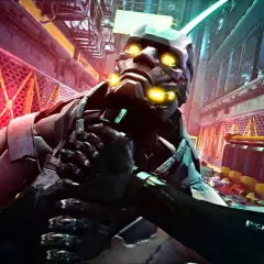Cyberpunkowy android z żółtymi oczami, w mrocznym zaułku. Jego pancerz nosi ślady walki, symbolizując valor mortis.