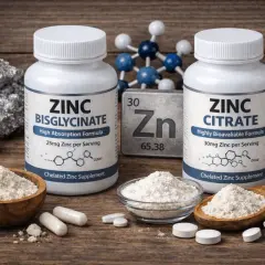 Zwei Zinkpräparate, Zink Bisglycinat und Zinkcitrat, mit Pulver und Pillen. Die zinkcitrat wirkung wird durch die hohe Bioverfügbarkeit betont.