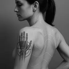 Eine Frau mit einem Skelett-Hand-Tattoo auf dem Oberarm, umgeben von weißen Linien, die wie ein Spinnennetz über ihren Rücken verlaufen.