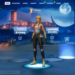 Postać z Fortnite w lobby, sezon 4. W tle nocna plaża i nowoczesny dom. Widoczne elementy interfejsu gry, w tym informacje o poziomie i zasobach. Czasem pojawia się **glitch Fortnite**.