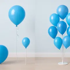 Jak zawiązać balon foliowy na patyk? Kilka niebieskich balonów, jeden na patyku, inny na wstążce, a grupa na stojaku.