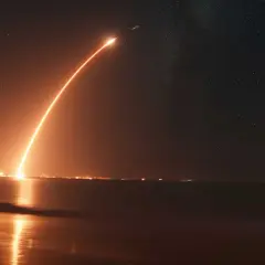 Jasny smug ognia rakiety przecina nocne niebo pełne gwiazd, ukazując, skąd startują statki kosmiczne NASA.