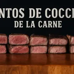 Cinco cortes de vacuno que es, apilados en dos filas, mostrando diferentes puntos de cocción.