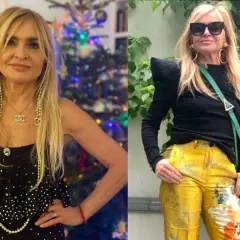 Monika Olejnik w dwóch stylizacjach. Po lewej w czarnej sukience i perłach, po prawej w żółtych spodniach i czarnej bluzce z poduszkami na ramionach.