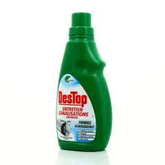 Bouteille verte de Destop Entretien Canalisations Organique, formule biodégradable. Est-ce que le Destop abîme les canalisations ? Ce produit est conçu pour les entretenir.