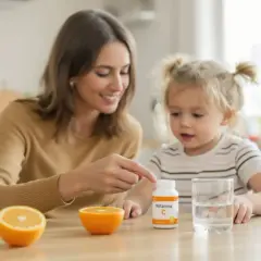 Mama pokazuje córce buteleczkę z napisem "Witamina C", obok pomarańcze i szklanka wody.