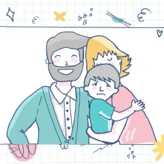 Ilustración de una familia abrazándose, mostrando el apego en niños de 6 a 12 años. El niño parece un poco triste, pero está rodeado de amor.