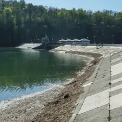 Zapora Myczkowce z zieloną wodą i betonowym zboczem. W tle las i budynki techniczne.