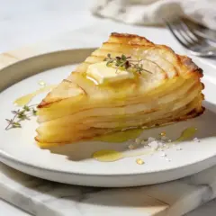 En skiva gyllene pommes anna, perfekt skiktad, toppad med smör och örter. En utsökt potatisdelikatess.