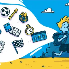 Junge rennt fröhlich mit Rucksack los, bereit für den ersten Schultag nach den Sommerferien. Bunte Symbole wie Bücher, Fußball und Obst begleiten ihn.