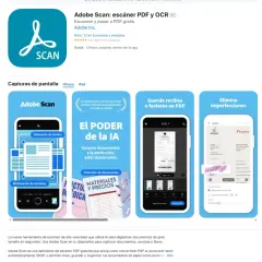 Adobe Scan: escáner móvil para digitalizar documentos. Permite escanear documentos, recibos y eliminar imperfecciones.