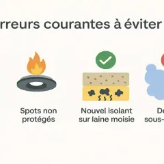 Erreurs courantes en isolation sous toiture : pare-vapeur manquant, spots non protégés, nouvel isolant sur laine moisie, densité sous-insufflée.