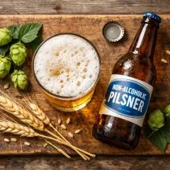 Ein Glas und eine Flasche alkoholfreies Pils auf einem Holzbrett, garniert mit Hopfen und Gerste. Alkoholfreies Bier gesund genießen.