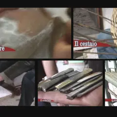 Scene di antichi mestieri siciliani: barbiere, cestai, scalpellino, coltellai e tessitrice.