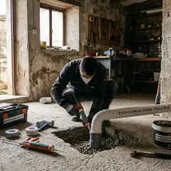 Un hombre instala un sistema de extracción de radón en un hogar. La mitigación del radón es crucial para la salud.