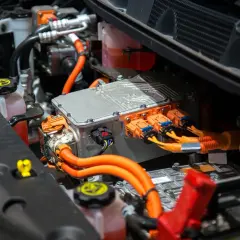 Componentes de un coche eléctrico, listos para cambiar la centralita. Cables naranjas y conectores naranjas y negros.