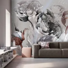 Elegancka tapeta z motywem monochromatycznych kwiatów, dodająca wnętrzu subtelności i stylu.