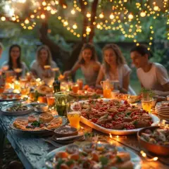 Une belle soirée d'été avec des amis autour d'une table garnie. Une idée entrée parfaite pour un repas convivial sous les guirlandes lumineuses.