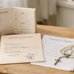 Livret de famille, certificat de naissance et demande de baptême avec chapelet sur fond de bois.